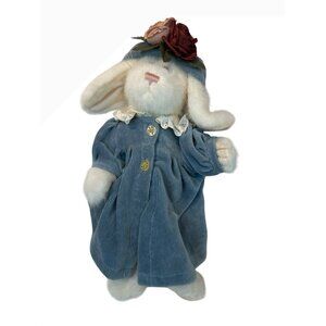Vintage Boyds Bears White Plush Bunny Doll In Blue Corduroy Dress & Floral Hat